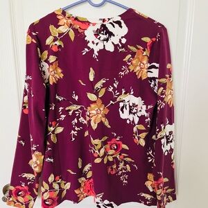 Denim&Co Wine Floral V Neck Long Sleeve Top